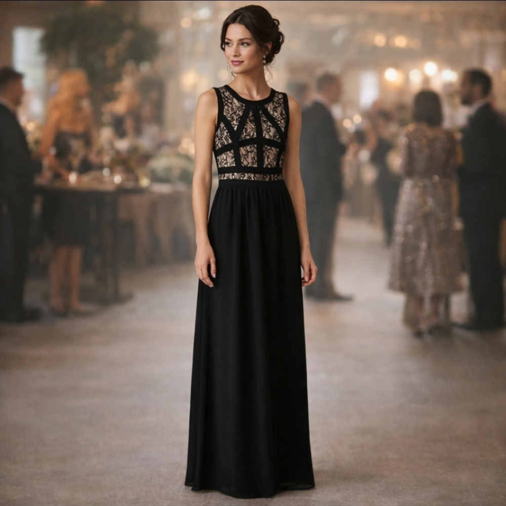 Black Lace Illusion Bodice Elegant Sleeveless Maxi Gown Sz 12